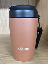 Load image into Gallery viewer, Olymn 12 oz Insulated Travel Mug - Stainless Steel Coffee Cup with One-Push Lid, Leakproof Tumbler with Carrying Strap for Hot & Iced Coffee, BPA-Free, Portable for Commute & Office (Terracotta/Black)