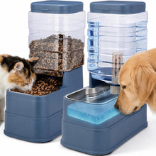 Load image into Gallery viewer, JSLOVE Automatic Feeder and Water Dispenser for Cats and Dogs, Adjustable Raised Base, Ice Pack, Stainless Steel Bowl, 1.3 Gallon Each, 2-Pack