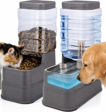 Load image into Gallery viewer, JSLOVE Automatic Feeder and Water Dispenser for Cats and Dogs, Adjustable Raised Base, Ice Pack, Stainless Steel Bowl, 1.3 Gallon Each, 2-Pack