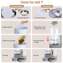 Load image into Gallery viewer, Automatic Cat Feeder and Water Dispenser Set, Gravity Pet Food Feeder with Stainless Steel Bowl, Large Capacity Food and Waterer for Cats, Kittens, Puppies and Small Dogs