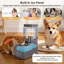 Load image into Gallery viewer, JSLOVE Automatic Feeder and Water Dispenser for Cats and Dogs, Adjustable Raised Base, Ice Pack, Stainless Steel Bowl, 1.3 Gallon Each, 2-Pack
