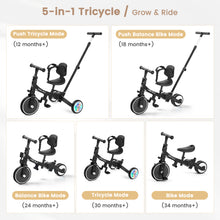 Load image into Gallery viewer, GOBOKLE 5-in-1 Tricycle for Toddlers 1-3, Kids Balance Bike with Light Up Wheels, 135° Rotatable Push Handle, Adjustable Seat &amp; Handlebar, Foldable Ride On Toy Gift &amp; Toys for Boy &amp; Girl