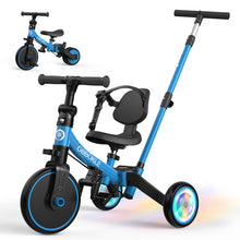 Load image into Gallery viewer, GOBOKLE 5-in-1 Tricycle for Toddlers 1-3, Kids Balance Bike with Light Up Wheels, 135° Rotatable Push Handle, Adjustable Seat &amp; Handlebar, Foldable Ride On Toy Gift &amp; Toys for Boy &amp; Girl