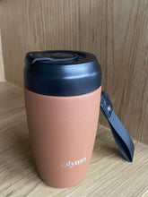 Load image into Gallery viewer, Olymn 12 oz Insulated Travel Mug - Stainless Steel Coffee Cup with One-Push Lid, Leakproof Tumbler with Carrying Strap for Hot &amp; Iced Coffee, BPA-Free, Portable for Commute &amp; Office (Terracotta/Black)