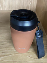 Load image into Gallery viewer, Olymn 12 oz Insulated Travel Mug - Stainless Steel Coffee Cup with One-Push Lid, Leakproof Tumbler with Carrying Strap for Hot &amp; Iced Coffee, BPA-Free, Portable for Commute &amp; Office (Terracotta/Black)