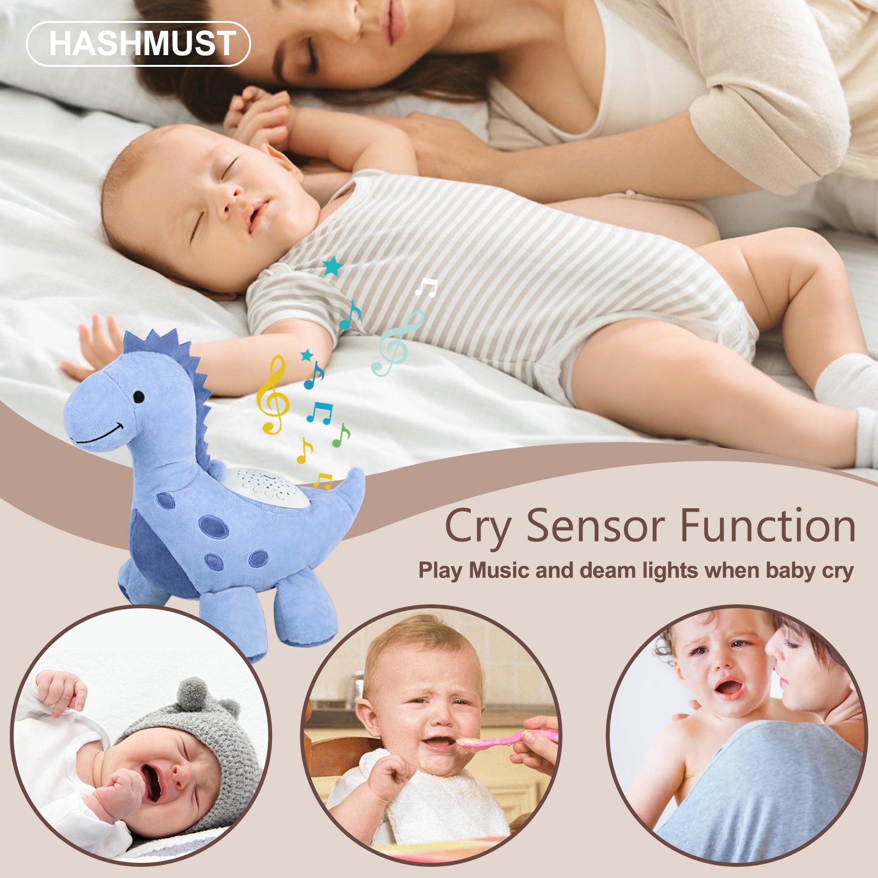 Dinosaur Baby Sleep Soother - Cry Sensor Night Light Projector With 13 Sounds & White Noise