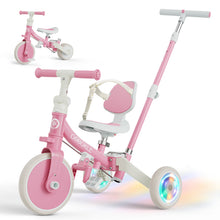 Load image into Gallery viewer, GOBOKLE 5-in-1 Tricycle for Toddlers 1-3, Kids Balance Bike with Light Up Wheels, 135° Rotatable Push Handle, Adjustable Seat &amp; Handlebar, Foldable Ride On Toy Gift &amp; Toys for Boy &amp; Girl
