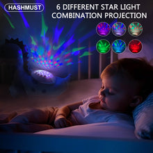 Load image into Gallery viewer, HASHMUST Baby Sleep Soother Cry Sensor Dinosaur Night Light Projector Baby Sound Machine Plush Stuffed Animal Toys for Boys Girls Pillow Ceiling for Toddler Lullabies &amp; White Noise Sound
